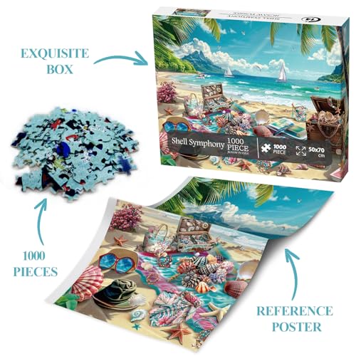 BBOLDIN 1000-Piece Seashell Beach Puzzle – Hawaii Summer Jigsaw with Reference Poster