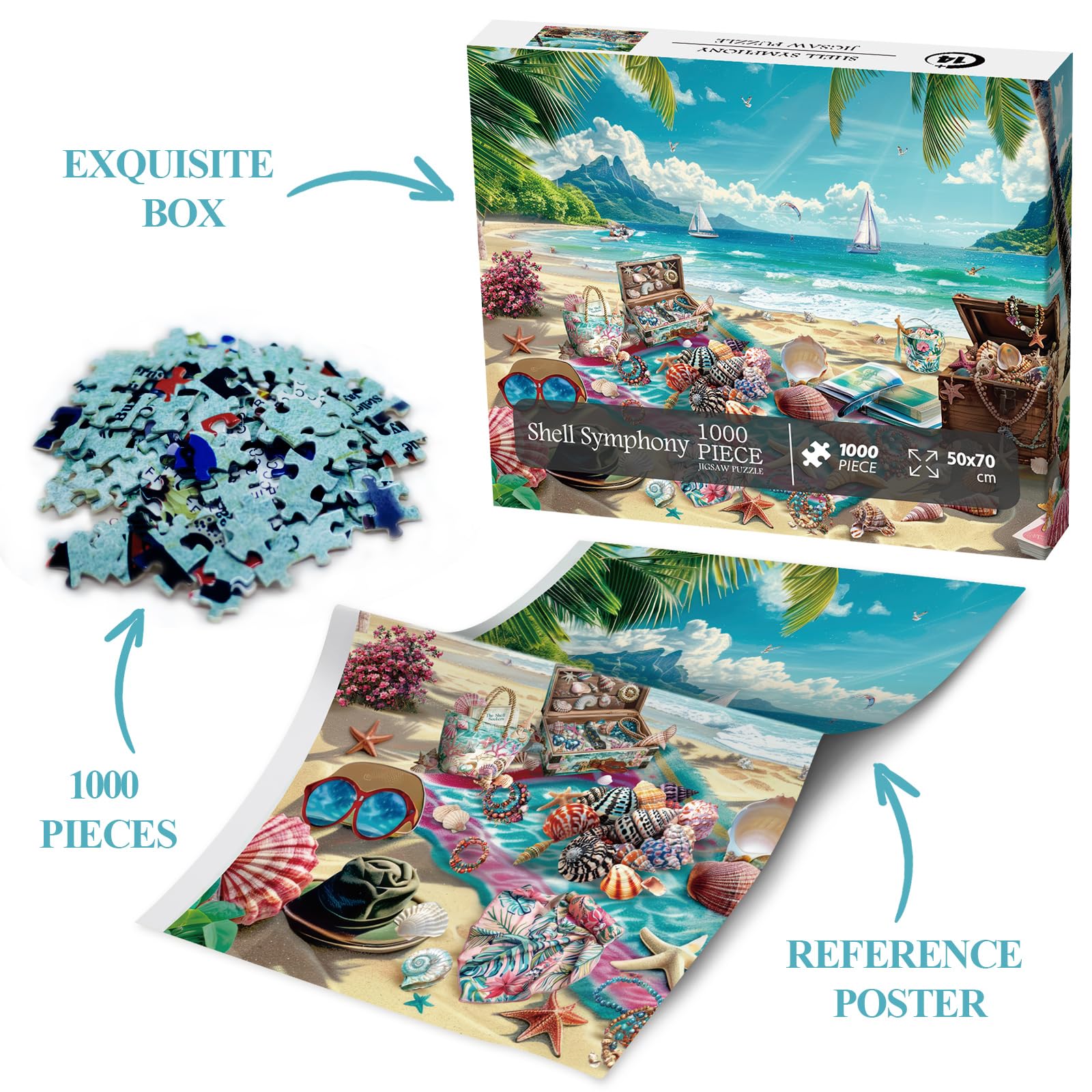 BBOLDIN 1000-Piece Seashell Beach Puzzle – Hawaii Summer Jigsaw with Reference Poster