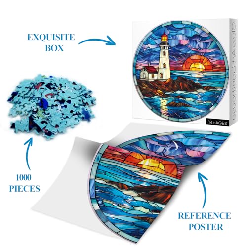 BBOLDIN 1000-Piece Stained Glass Lighthouse Round Jigsaw Puzzle – Ocean Sunset Scene for Adults