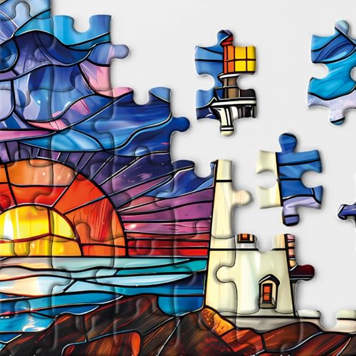 BBOLDIN 1000-Piece Stained Glass Lighthouse Round Jigsaw Puzzle – Ocean Sunset Scene for Adults