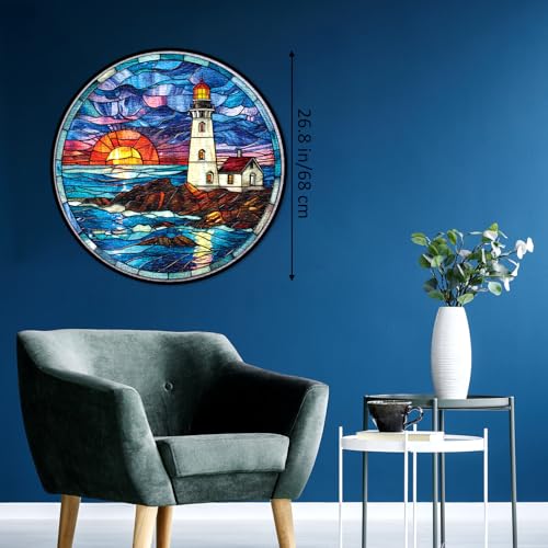 BBOLDIN 1000-Piece Stained Glass Lighthouse Round Jigsaw Puzzle – Ocean Sunset Scene for Adults
