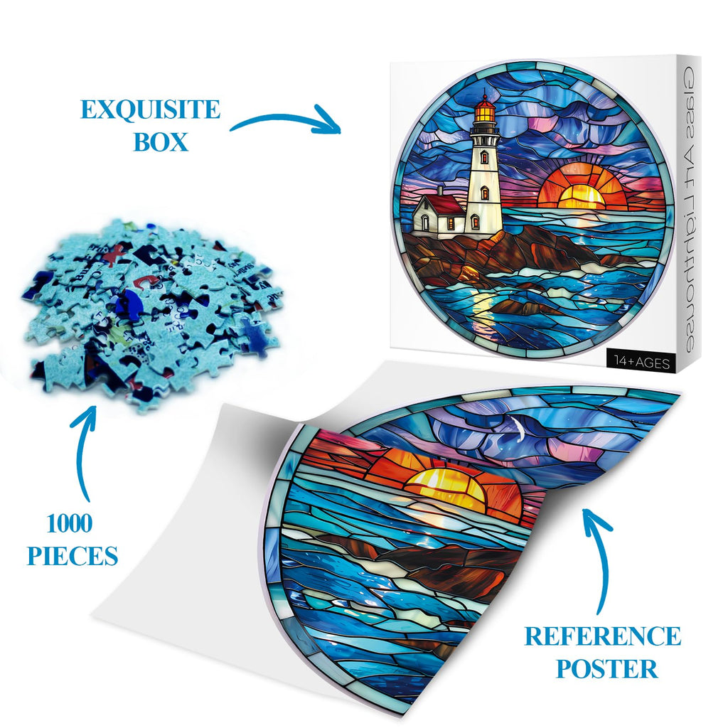 BBOLDIN 1000-Piece Stained Glass Lighthouse Round Jigsaw Puzzle – Ocean Sunset Scene for Adults