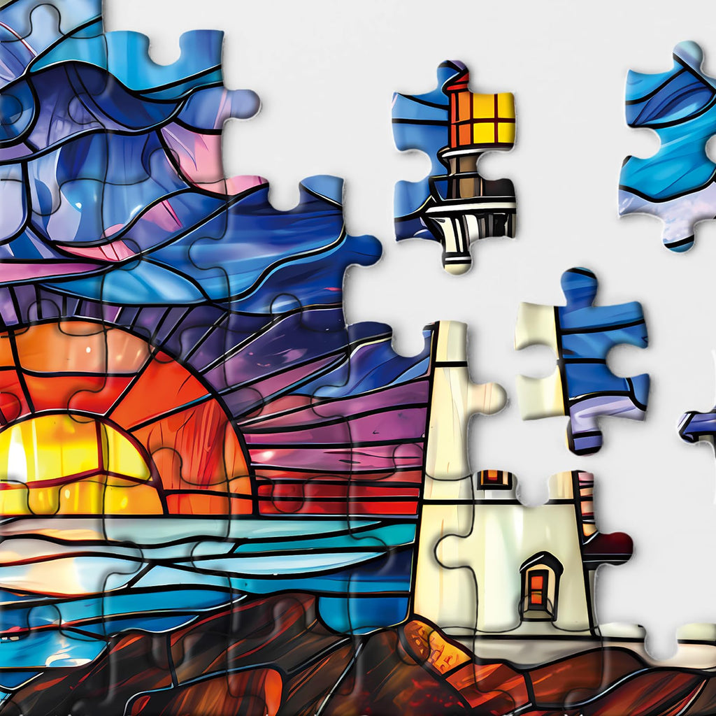 BBOLDIN 1000-Piece Stained Glass Lighthouse Round Jigsaw Puzzle – Ocean Sunset Scene for Adults