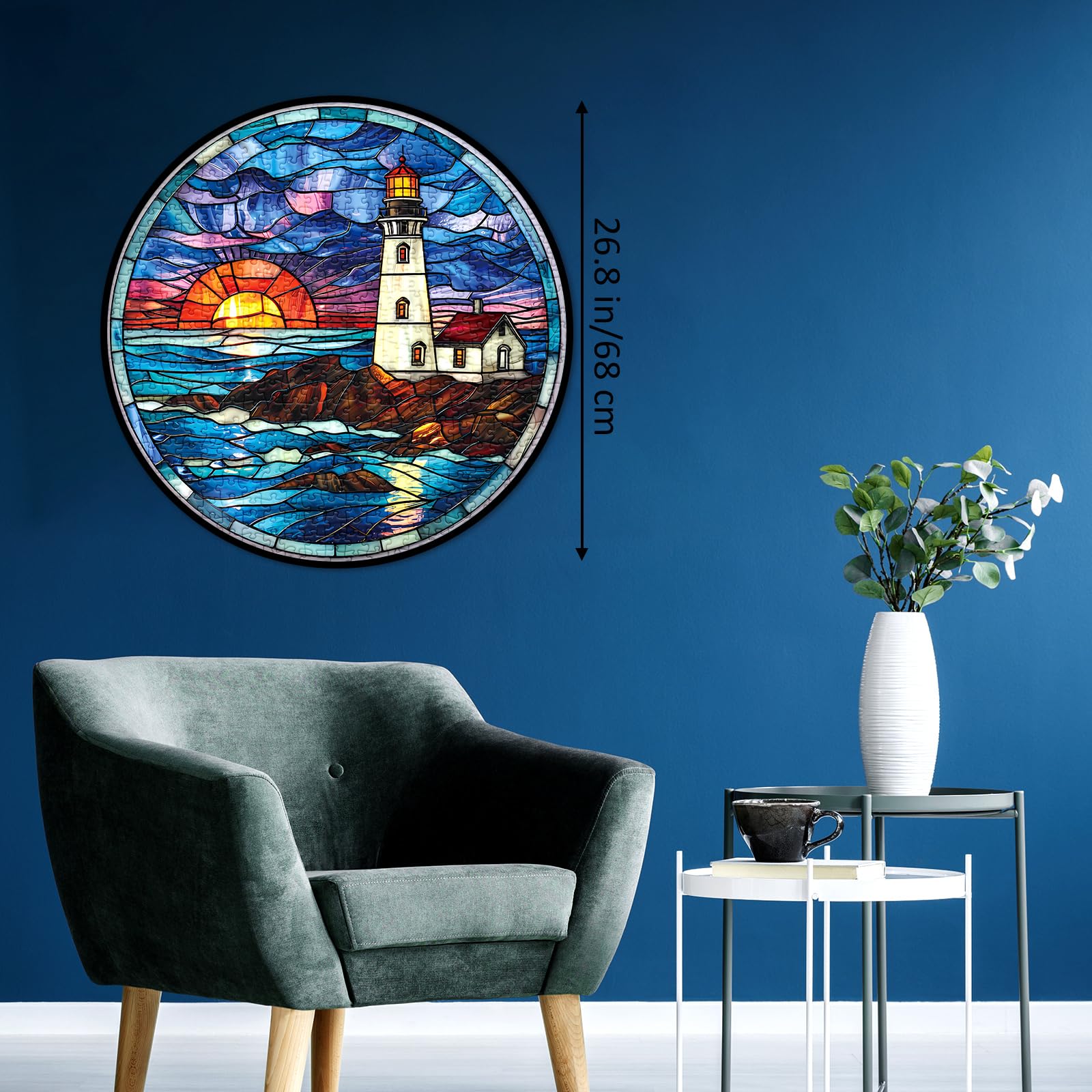BBOLDIN 1000-Piece Stained Glass Lighthouse Round Jigsaw Puzzle – Ocean Sunset Scene for Adults