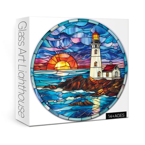 BBOLDIN 1000-Piece Stained Glass Lighthouse Round Jigsaw Puzzle – Ocean Sunset Scene for Adults