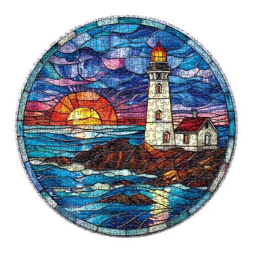 BBOLDIN 1000-Piece Stained Glass Lighthouse Round Jigsaw Puzzle – Ocean Sunset Scene for Adults
