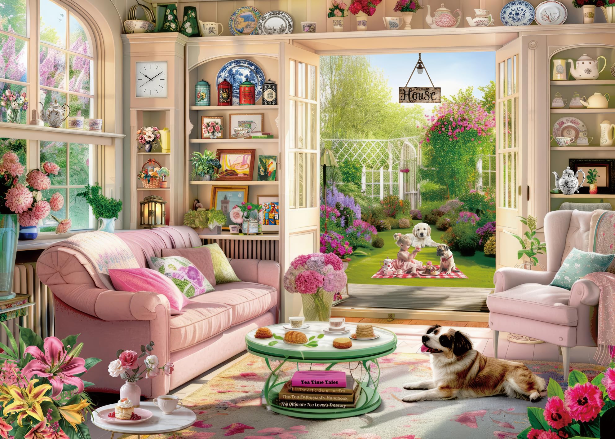 BBOLDIN Tea Time Cabin 1000 Piece Puzzle - Garden Serenity Scene with Reference Poster
