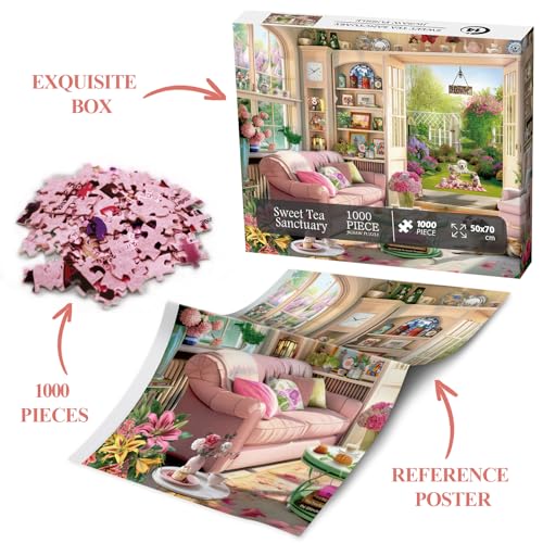 BBOLDIN Tea Time Cabin 1000 Piece Puzzle - Garden Serenity Scene with Reference Poster