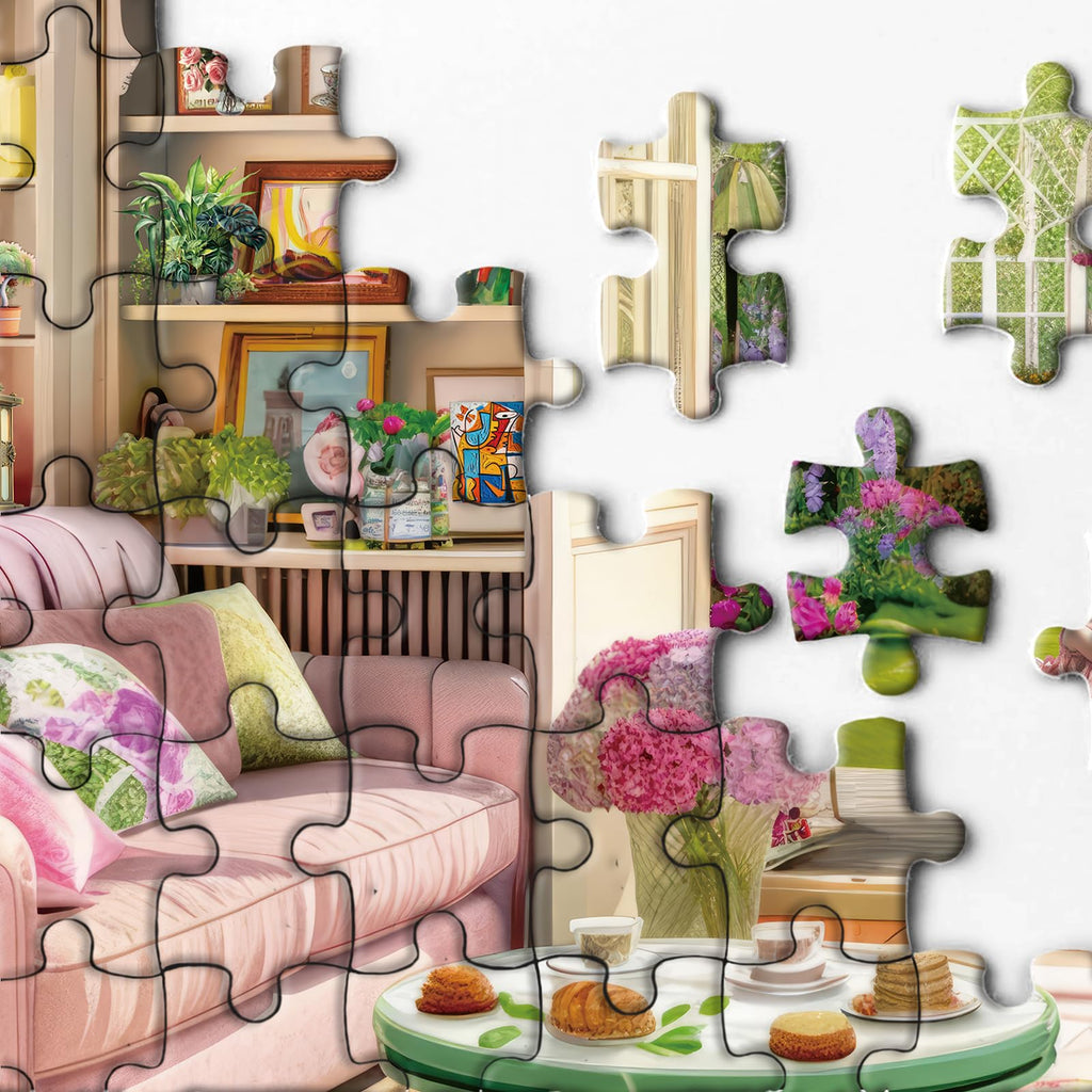 BBOLDIN Tea Time Cabin 1000 Piece Puzzle - Garden Serenity Scene with Reference Poster