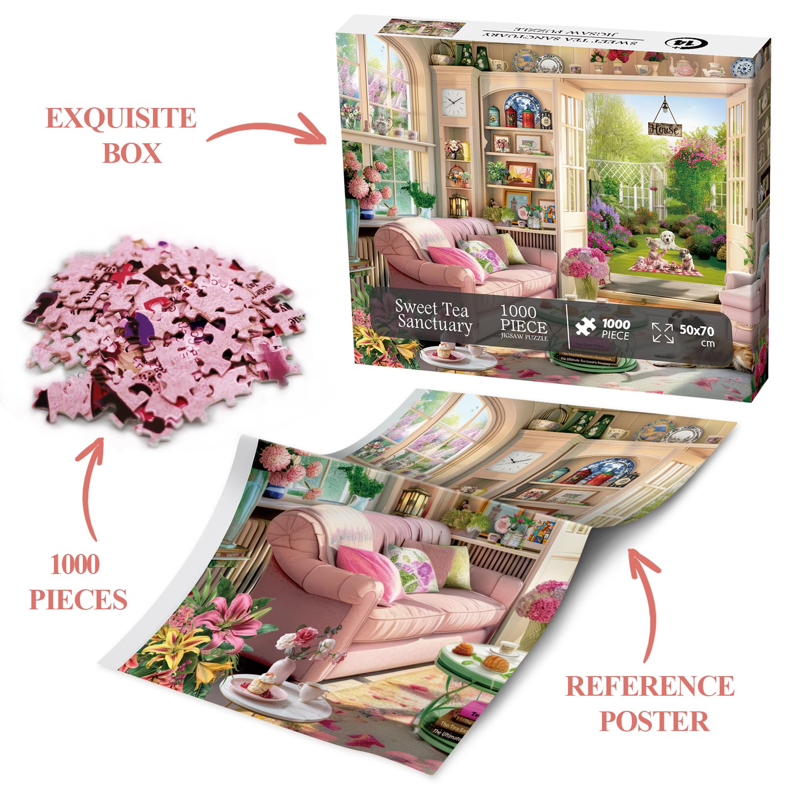BBOLDIN Tea Time Cabin 1000 Piece Puzzle - Garden Serenity Scene with Reference Poster