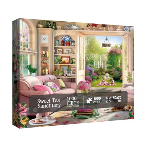 BBOLDIN Tea Time Cabin 1000 Piece Puzzle - Garden Serenity Scene with Reference Poster