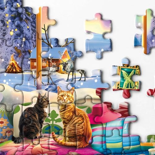 BBOLDIN Winter Book Nook 1000-Piece Jigsaw Puzzle: Cozy Cabin with Northern Lights and Cats