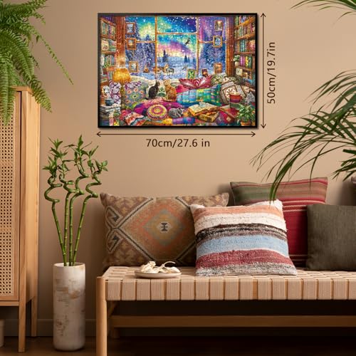 BBOLDIN Winter Book Nook 1000-Piece Jigsaw Puzzle: Cozy Cabin with Northern Lights and Cats