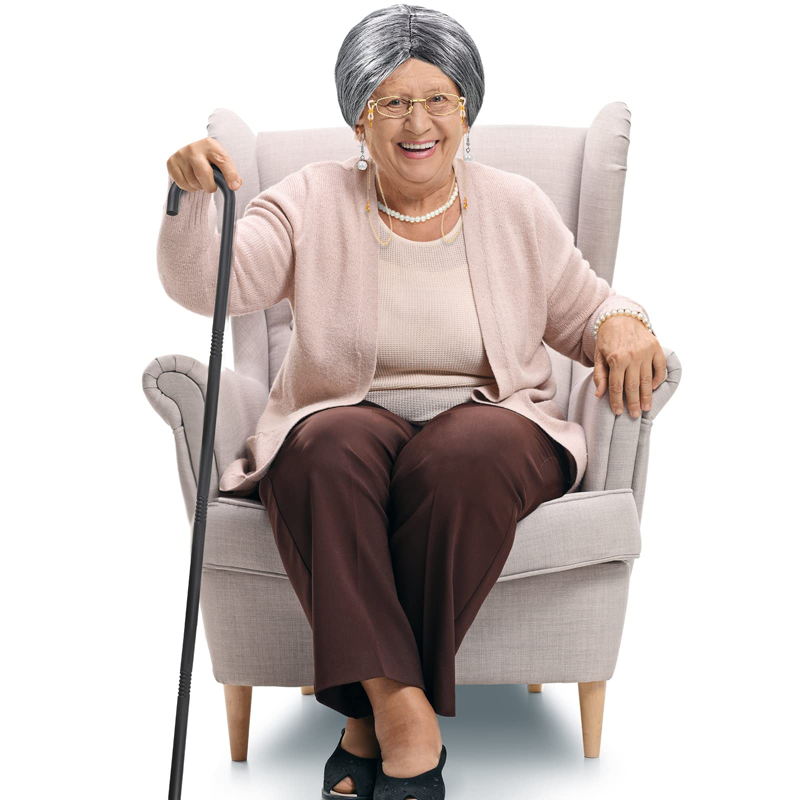 BBTO 100 Days of School Old Lady Costume for Kids – Wig, Cane, Glasses Chain & Faux Pearl Jewelry Set