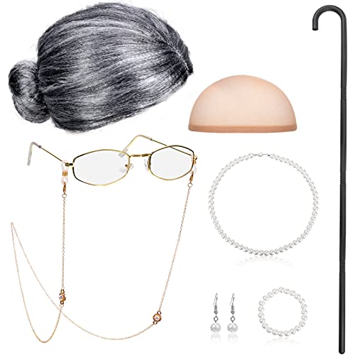 BBTO 100 Days of School Old Lady Costume for Kids – Wig, Cane, Glasses Chain & Faux Pearl Jewelry Set