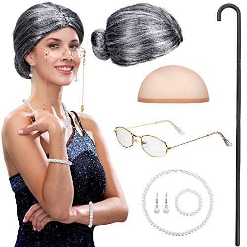 BBTO 100 Days of School Old Lady Costume for Kids – Wig, Cane, Glasses Chain & Faux Pearl Jewelry Set
