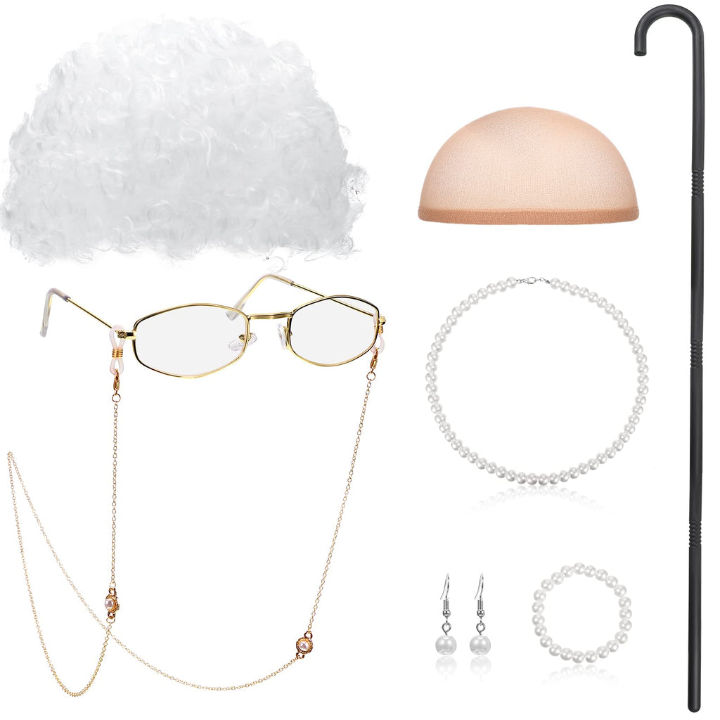 BBTO 100 Days of School Old Lady Costume Set for Kids Gray Wig Walking Cane Glasses Chain and Faux Pearl Necklace