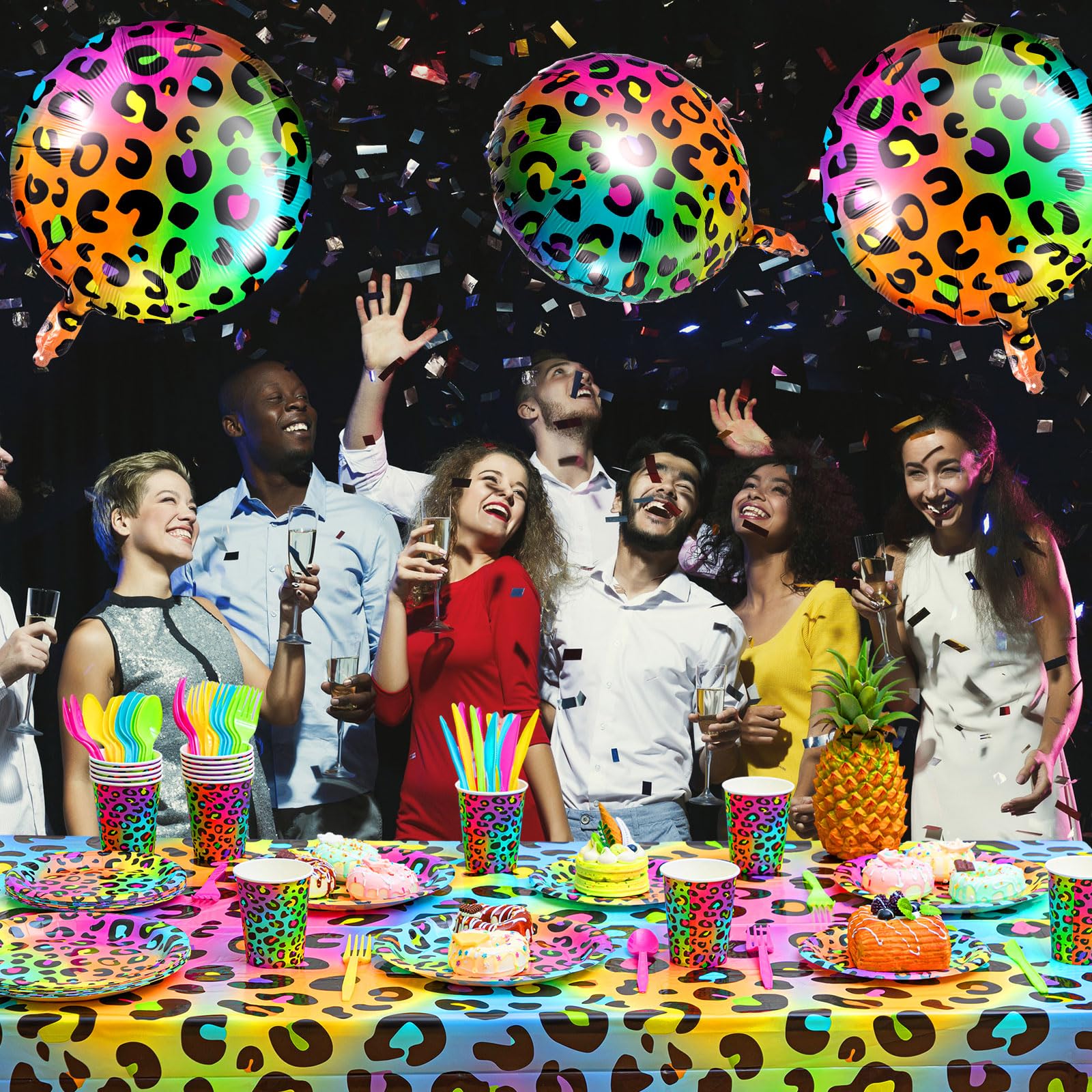 BBTO 12 Pack 18 Inch Neon Rainbow Leopard Foil Balloons for Cheetah Birthday Party Decorations (Multicolor)