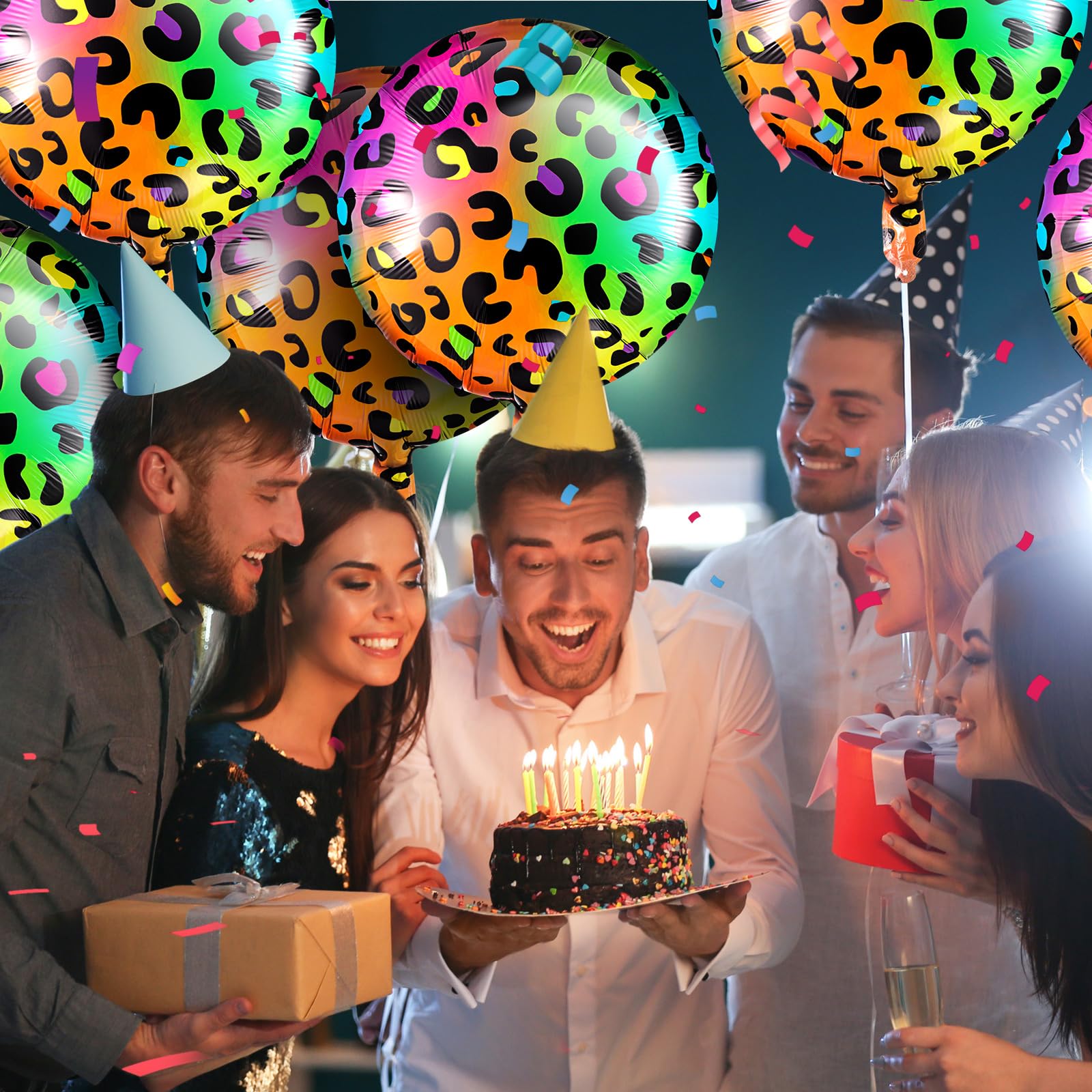 BBTO 12 Pack 18 Inch Neon Rainbow Leopard Foil Balloons for Cheetah Birthday Party Decorations (Multicolor)