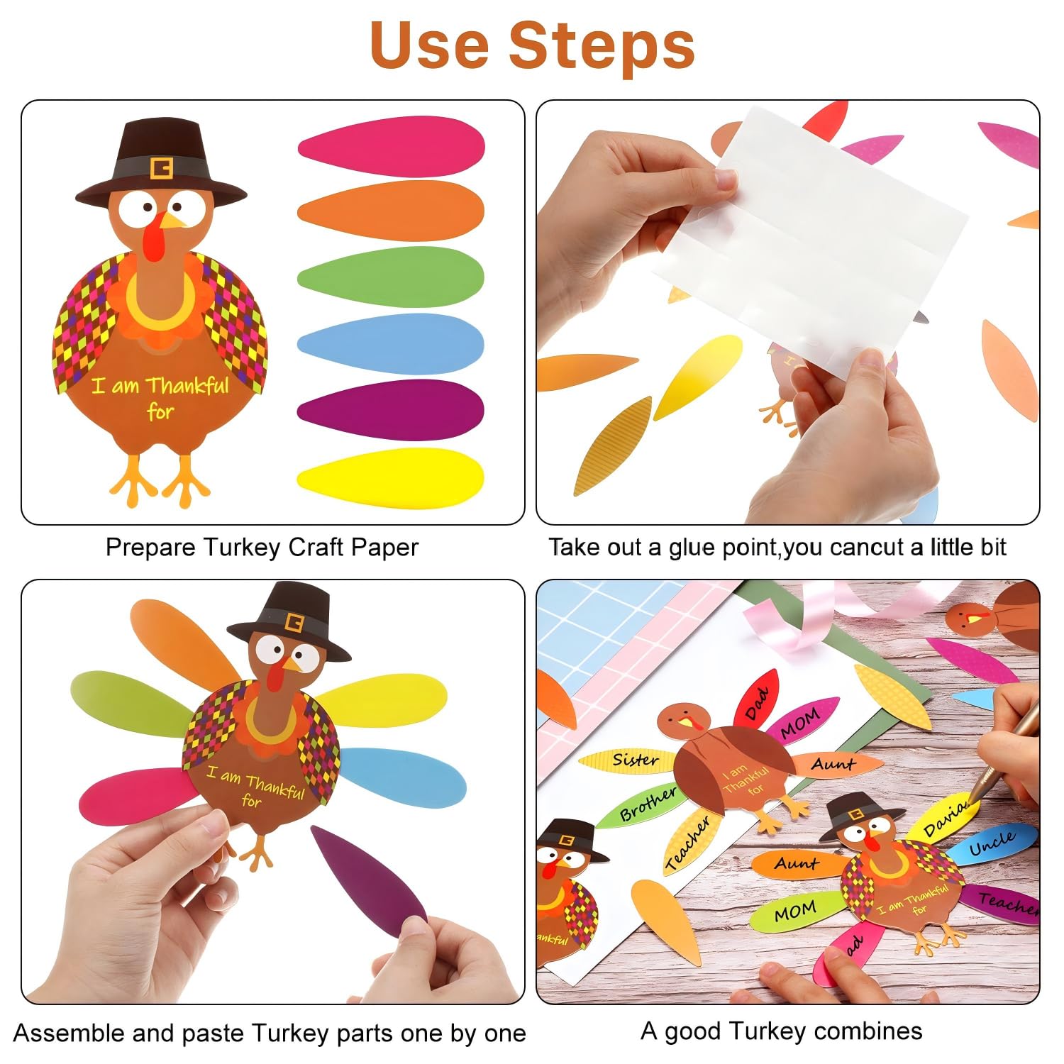 BBTO 36-Piece Thanksgiving Turkey Craft Kit with Feathers & Glue Dots for DIY Decor