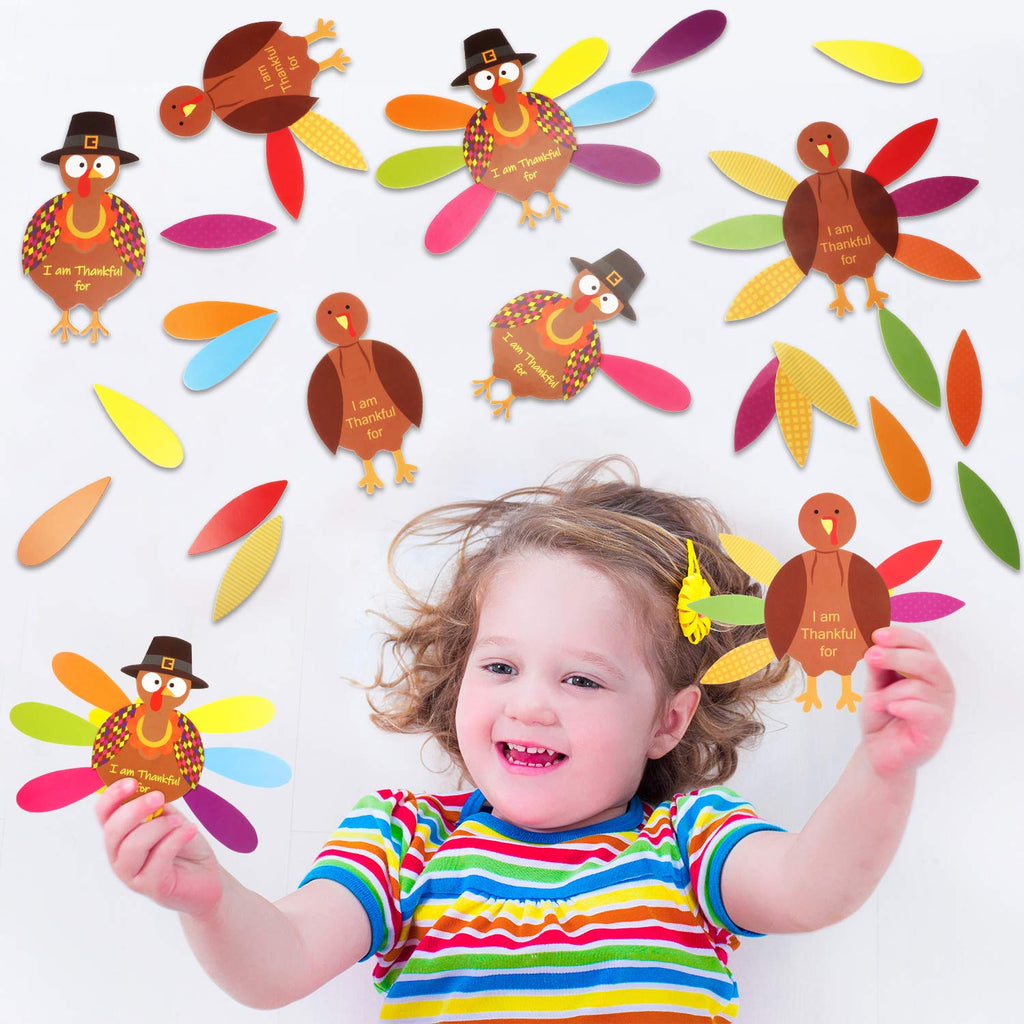 BBTO 36-Piece Thanksgiving Turkey Craft Kit with Feathers & Glue Dots for DIY Decor
