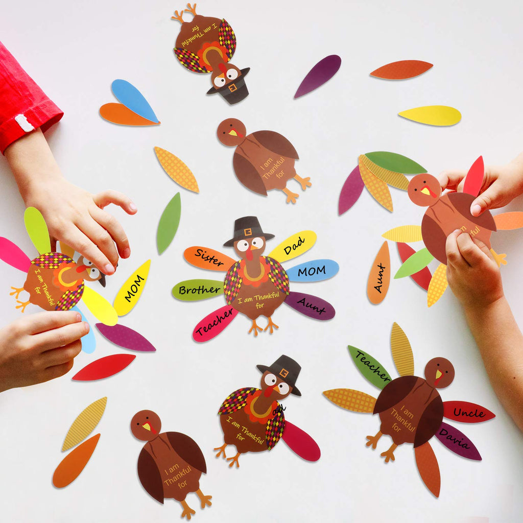 BBTO 36-Piece Thanksgiving Turkey Craft Kit with Feathers & Glue Dots for DIY Decor