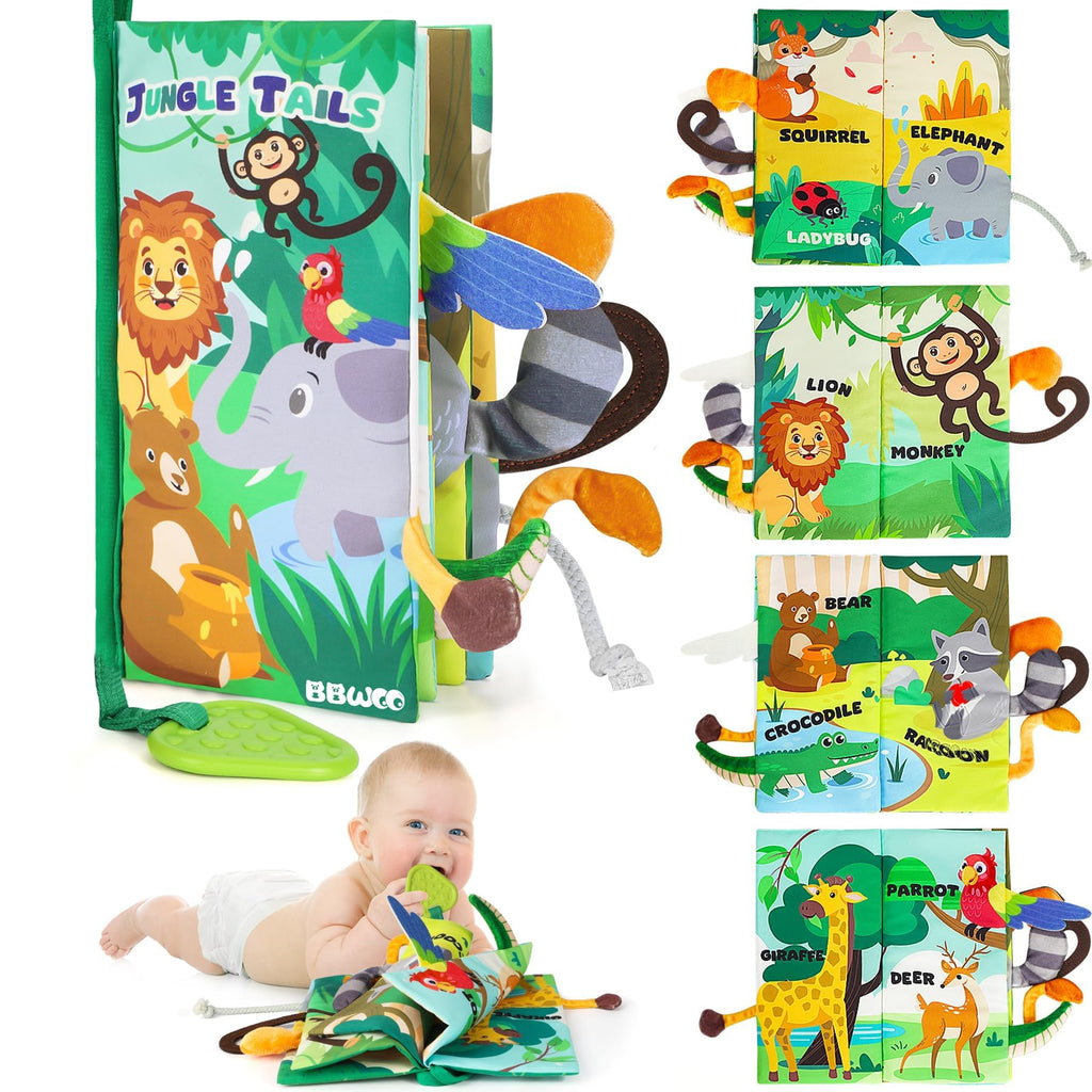 BBWOO Soft Baby Book with Crinkle Sounds, Teether, and Textured Tails – Sensory Toy for 0-12 Months