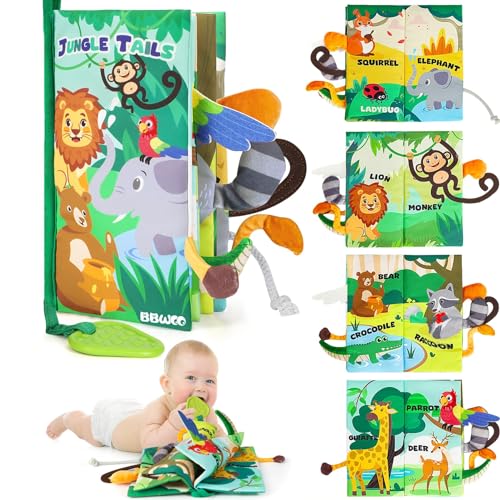 BBWOO Soft Baby Book with Crinkle Sounds, Teether, and Textured Tails – Sensory Toy for 0-12 Months