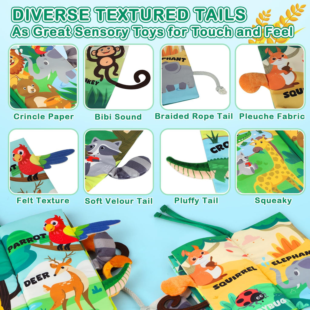 BBWOO Soft Baby Book with Crinkle Sounds, Teether, and Textured Tails – Sensory Toy for 0-12 Months