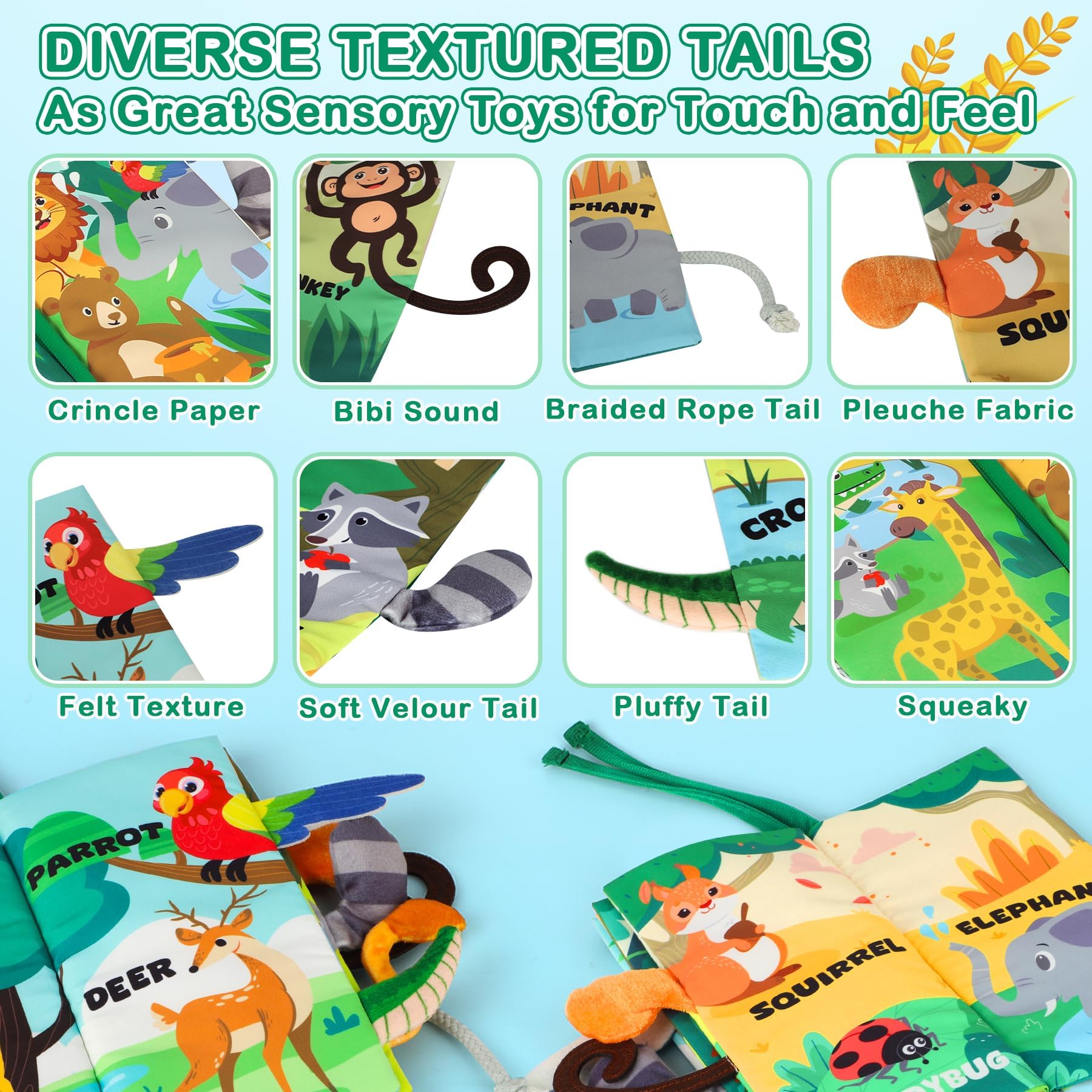 BBWOO Soft Baby Book with Crinkle Sounds, Teether, and Textured Tails – Sensory Toy for 0-12 Months