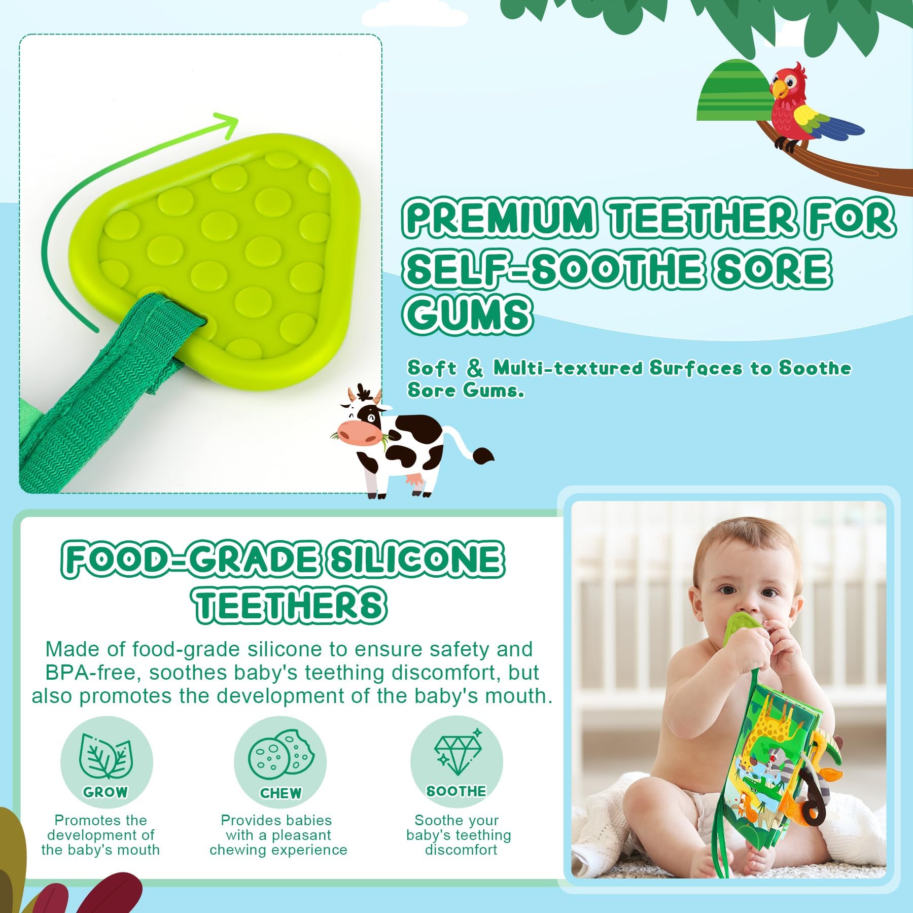 BBWOO Soft Baby Book with Crinkle Sounds, Teether, and Textured Tails – Sensory Toy for 0-12 Months
