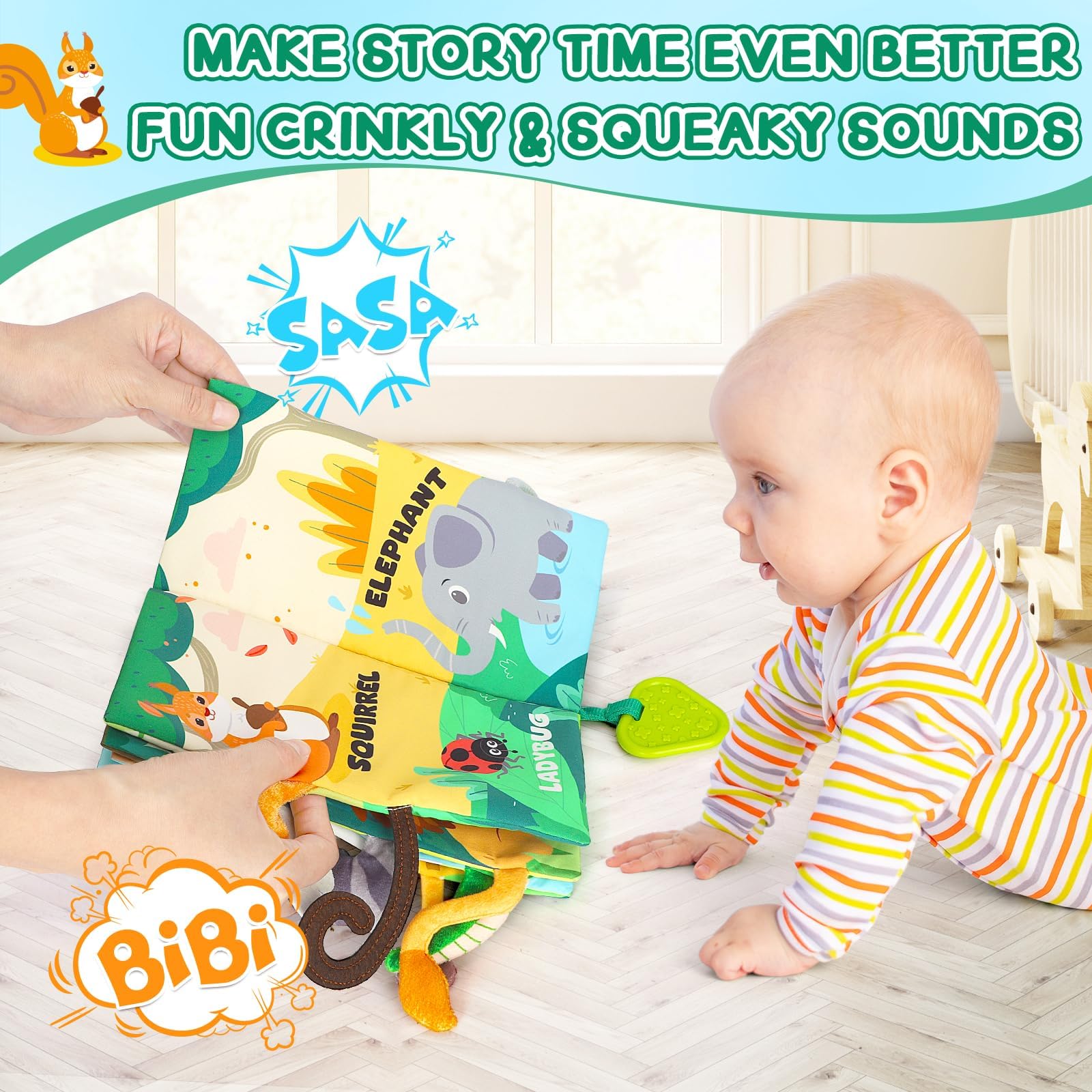 BBWOO Soft Baby Book with Crinkle Sounds, Teether, and Textured Tails – Sensory Toy for 0-12 Months