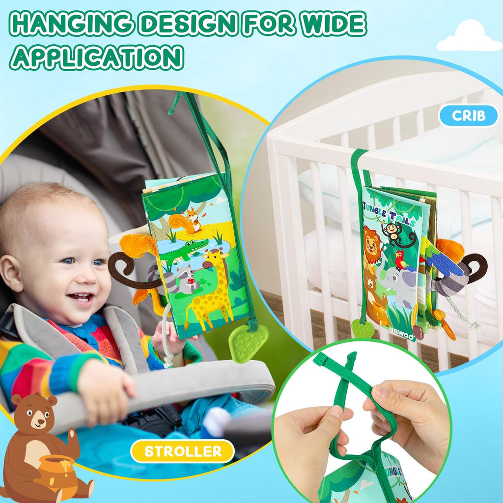 BBWOO Soft Baby Book with Crinkle Sounds, Teether, and Textured Tails – Sensory Toy for 0-12 Months