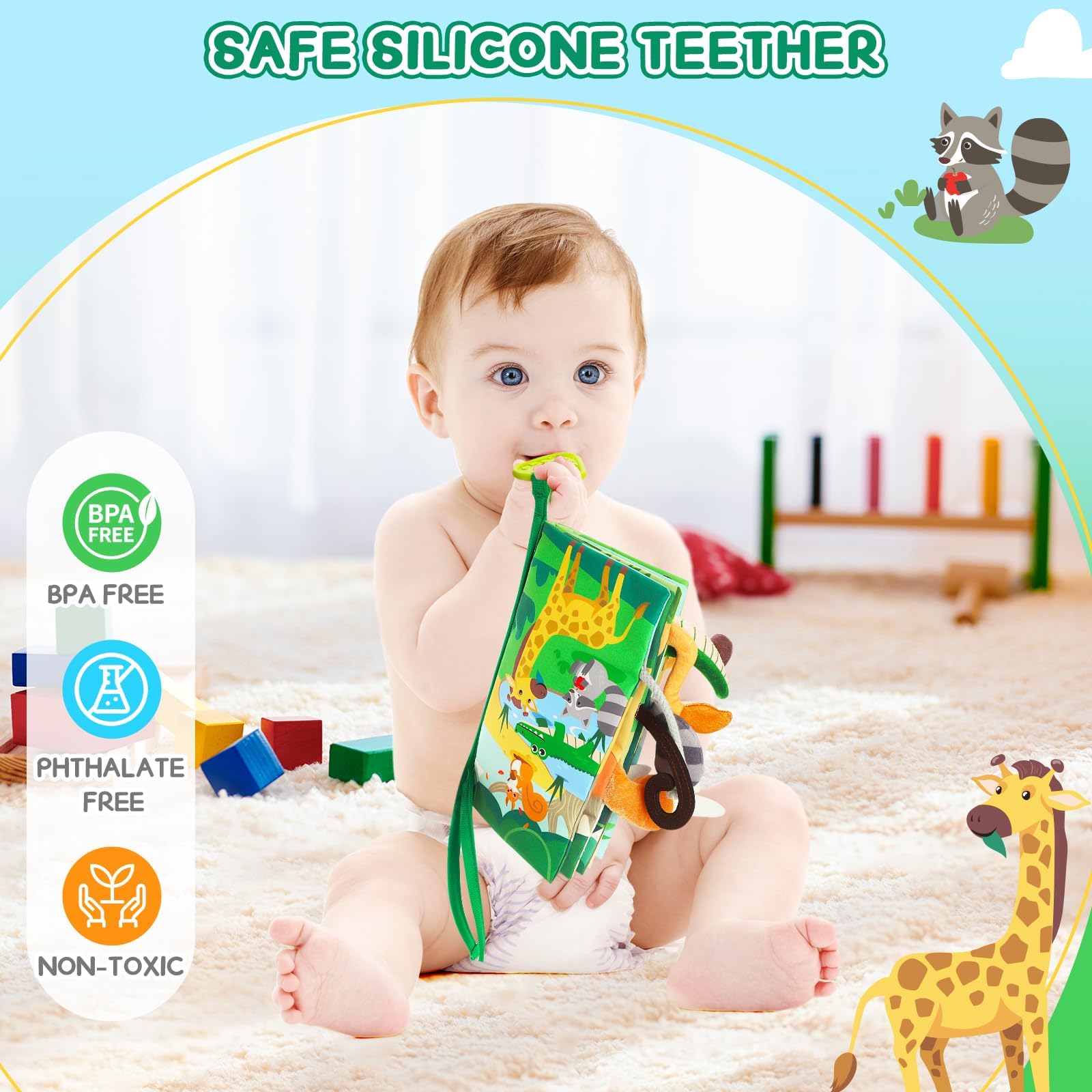 BBWOO Soft Baby Book with Crinkle Sounds, Teether, and Textured Tails – Sensory Toy for 0-12 Months