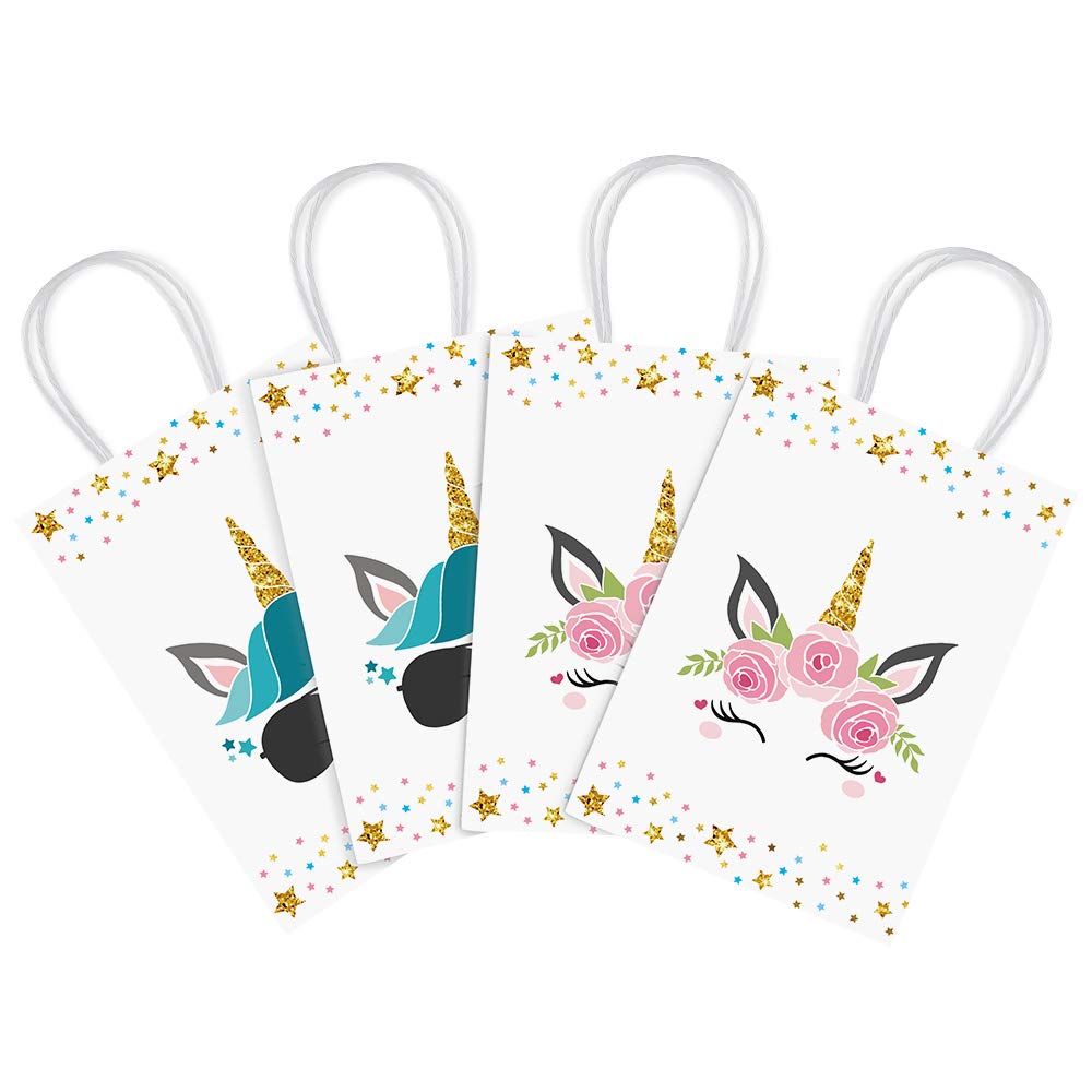 BCHOCKS 16 Pack Rainbow Horse Party Favor Bags – Pink & Blue Goody Bags with Handles for Birthday Supplies