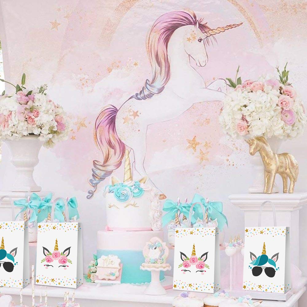BCHOCKS 16 Pack Rainbow Horse Party Favor Bags – Pink & Blue Goody Bags with Handles for Birthday Supplies