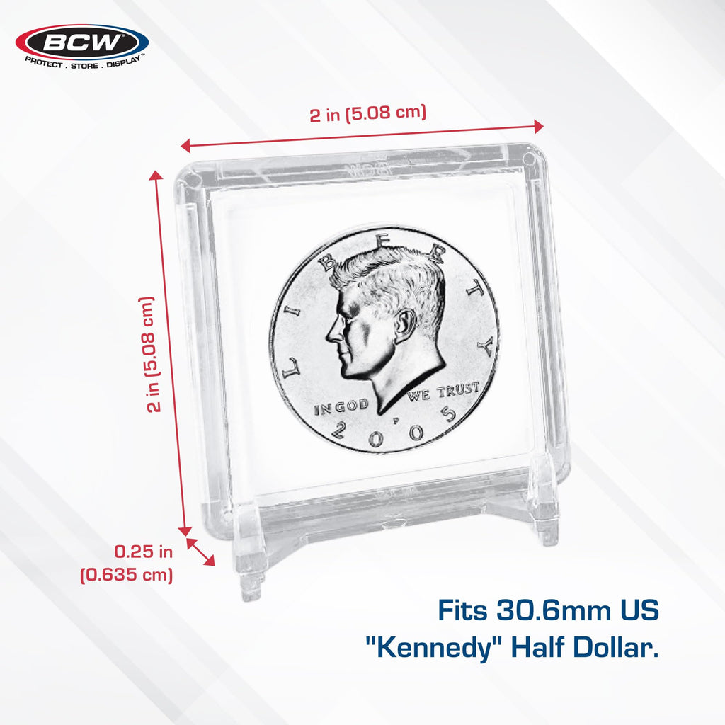 BCW 2x2 Coin Snap Holders – 25-Count Crystal Clear Polystyrene Cases for Kennedy Half Dollars