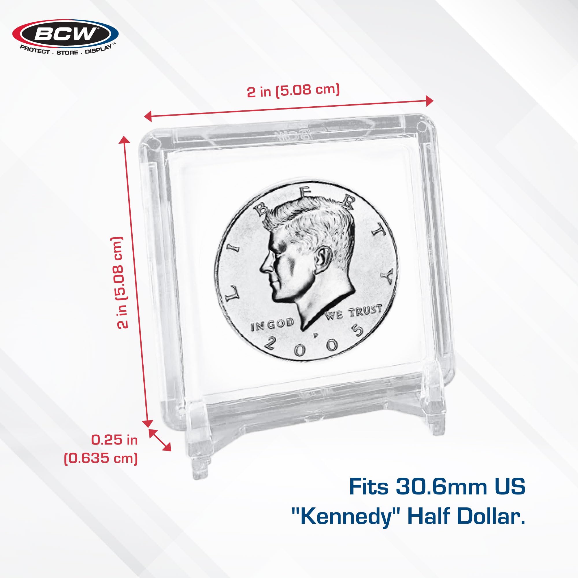 BCW 2x2 Coin Snap Holders – 25-Count Crystal Clear Polystyrene Cases for Kennedy Half Dollars