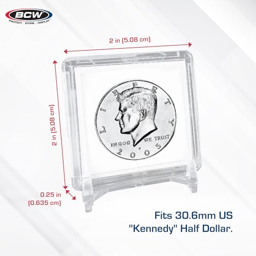BCW 2x2 Coin Snap Holders – 25-Count Crystal Clear Polystyrene Cases for Kennedy Half Dollars