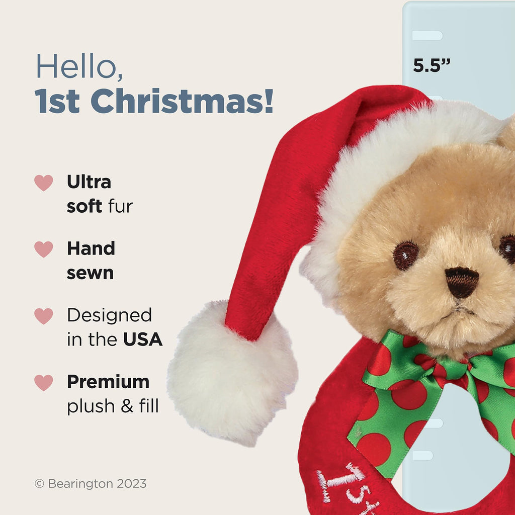 Bearington Collection Baby 1st Christmas Teddy Bear Rattle, 5.5 Inch Plush