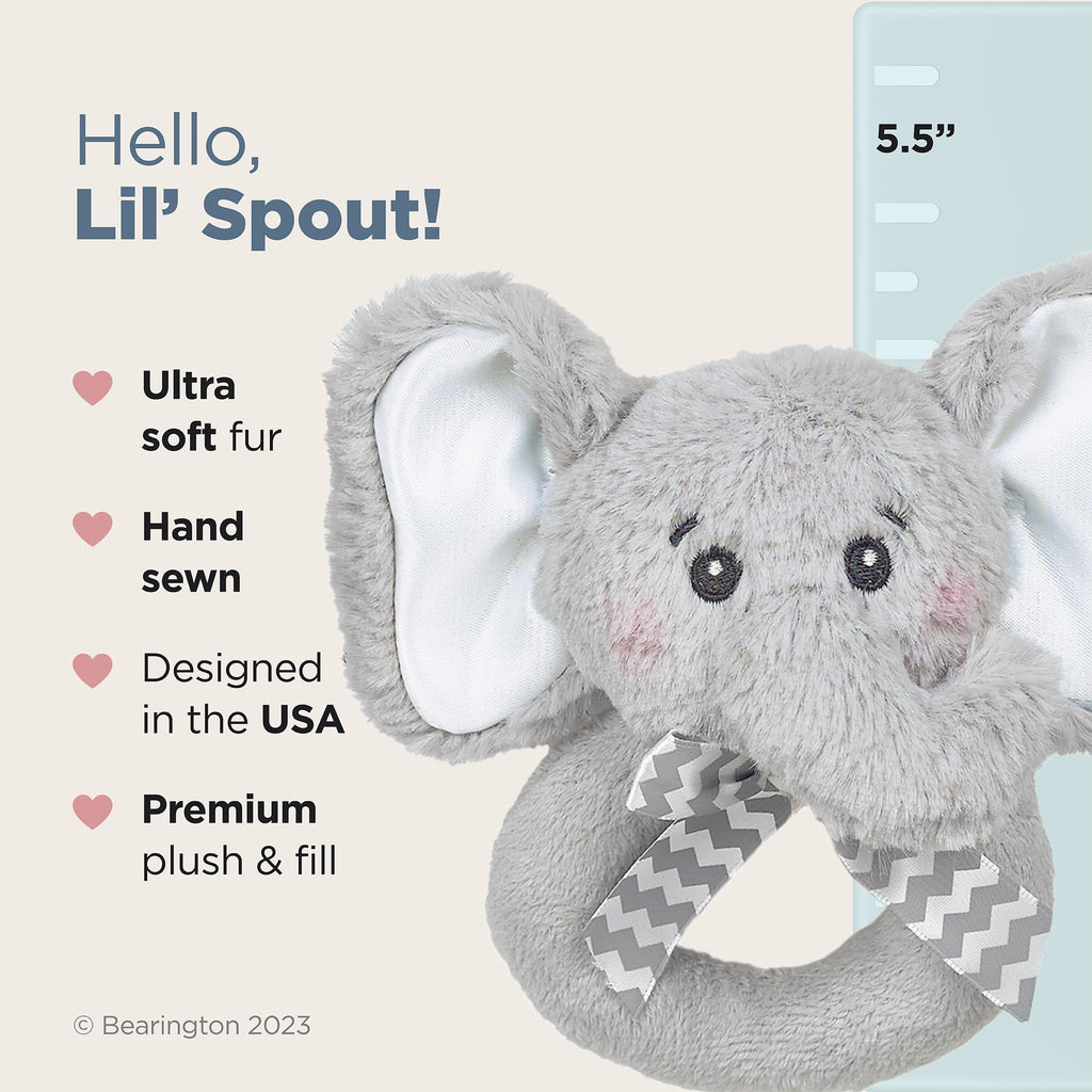 Bearington Collection Lil' Spout – Gray Elephant Plush Rattle, 5.5 Inches