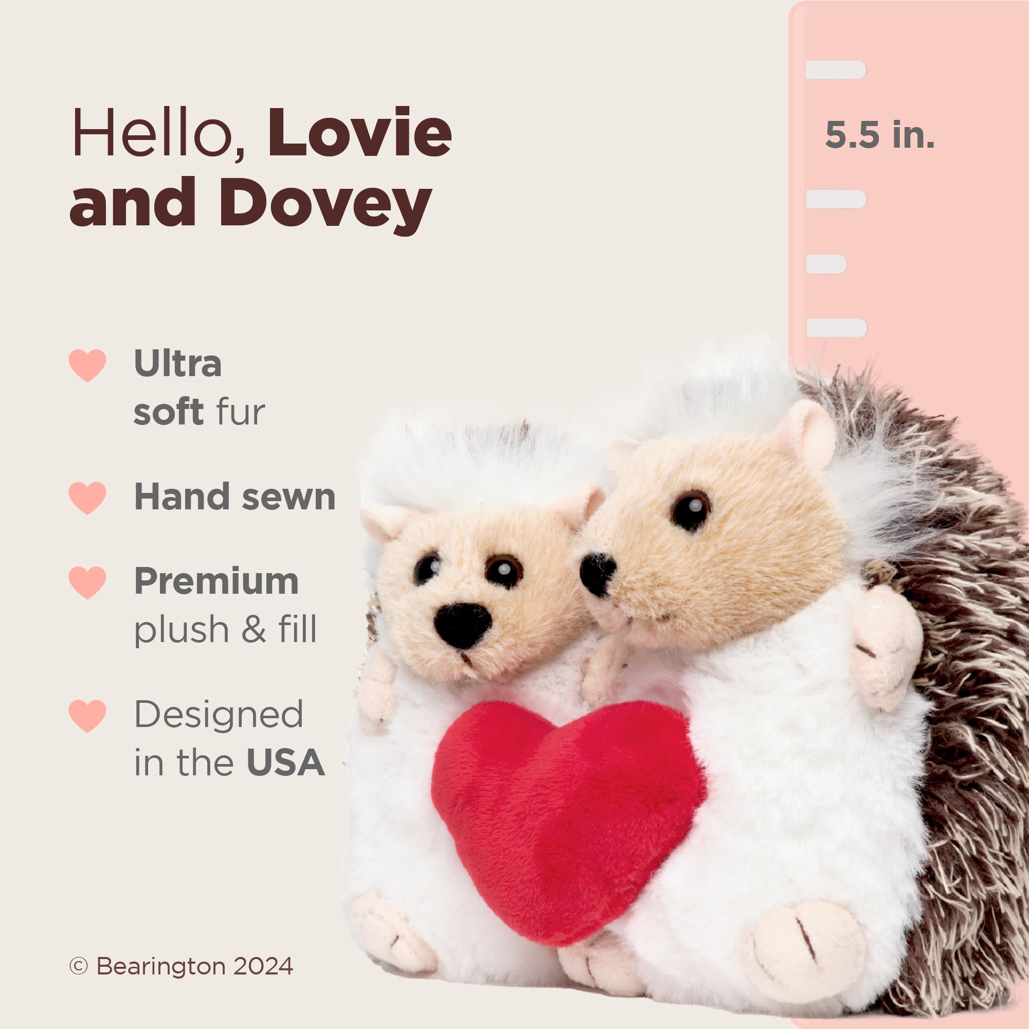 Bearington Lovie & Dovie Hedgehog Plush Set - 5.5" Soft Valentine's Day Stuffed Animals for Kids and Loved Ones