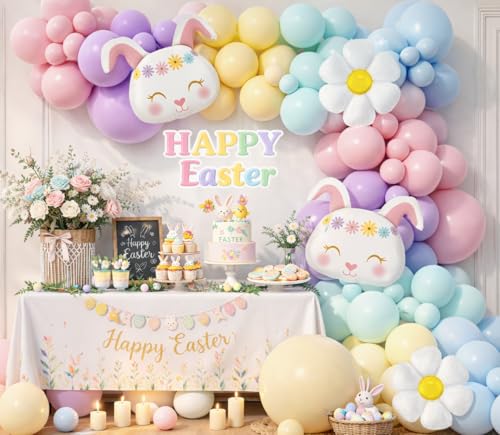 Beaumode 158-Piece Pastel Easter Balloon Arch Garland Kit – Bunny & Daisy Accents for Spring Parties