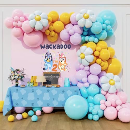 Beaumode Bluey Balloon Garland Kit – 149 Pastel Blue Pink Daisy Balloons for Girl's 2nd Birthday Party