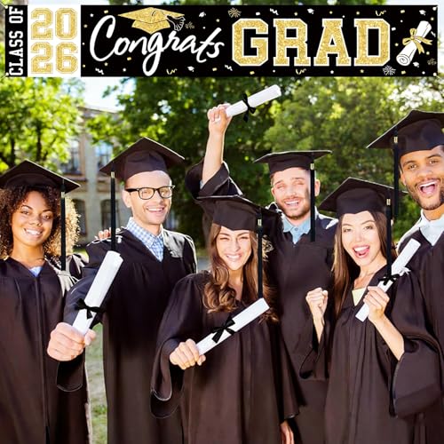 BeauParty Graduation Banner Class of 2026 - Large 19.7x118.1in Black Gold Congrats Grad Yard Sign for Party Decorations