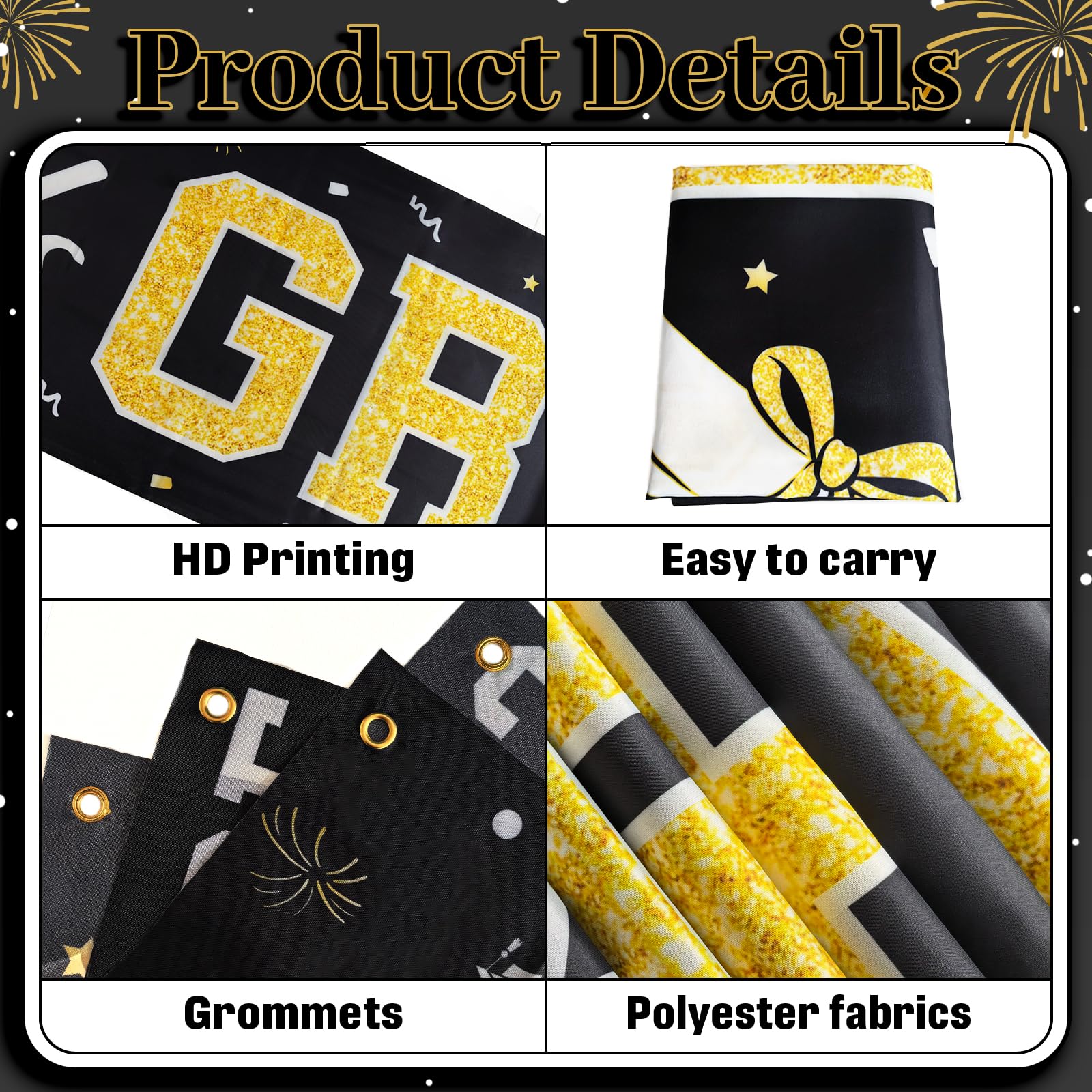 BeauParty Graduation Banner Class of 2026 - Large 19.7x118.1in Black Gold Congrats Grad Yard Sign for Party Decorations