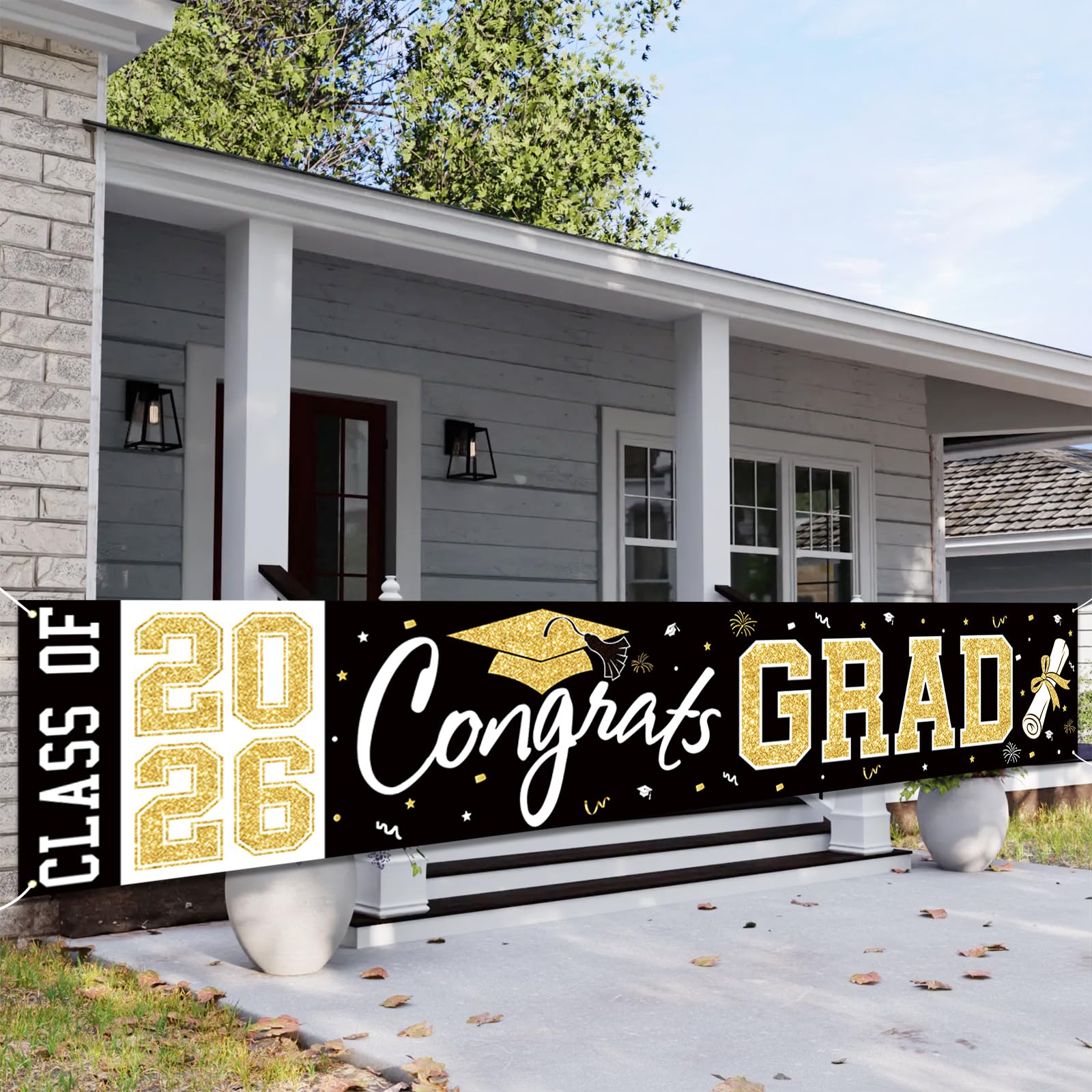 BeauParty Graduation Banner Class of 2026 - Large 19.7x118.1in Black Gold Congrats Grad Yard Sign for Party Decorations