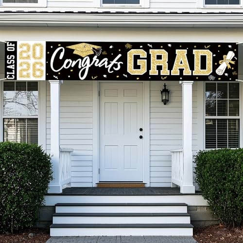 BeauParty Graduation Banner Class of 2026 - Large 19.7x118.1in Black Gold Congrats Grad Yard Sign for Party Decorations