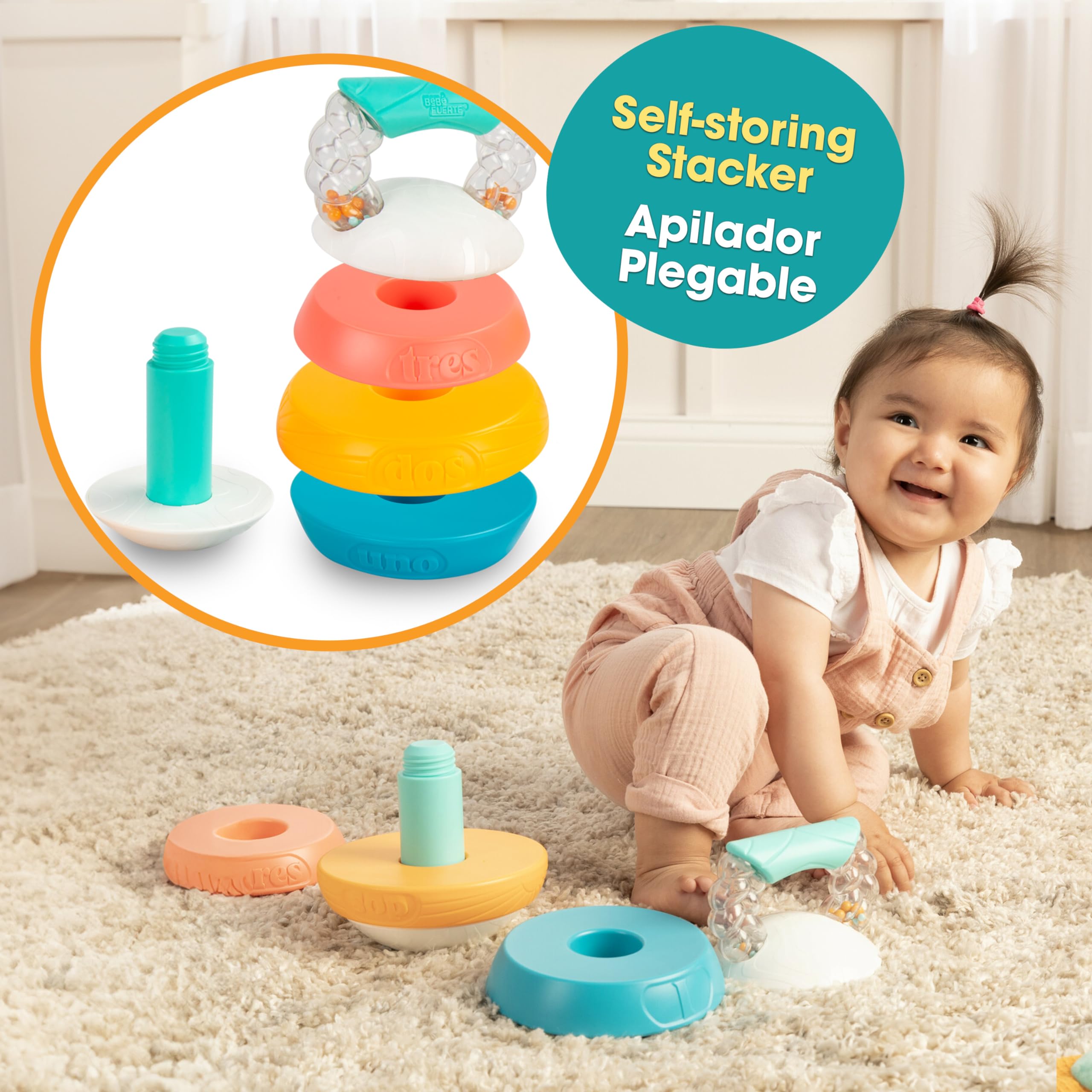BEBÉ FUERTE Stack and Count Kettlebell Activity Toy – Bilingual Stacking Rings for Babies 6 Months+