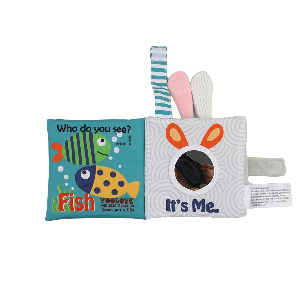 bebe mondo Bunny Baby Mirror Toy – Soft Crinkle Cloth Book with High Contrast Patterns for Tummy Time, 0-12 Months